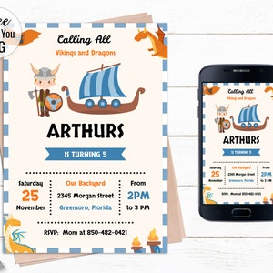 Modelo de convite de aniversário do dragão Viking, cartão de convite de aniversário infantil, modelo de festa para impressão, EDITÁVEL, DOWNLOAD INSTANTÂNEO