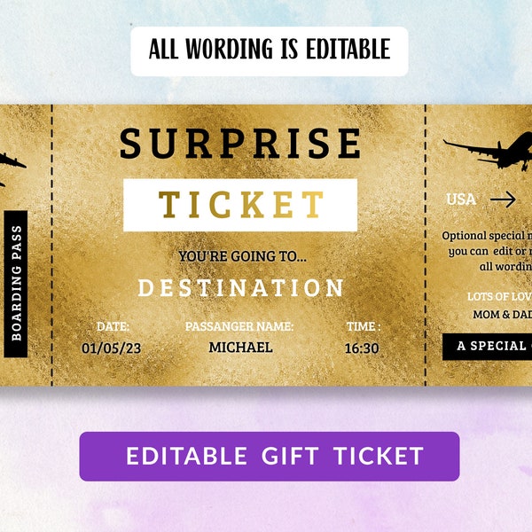 Billet carte d'embarquement surprise, coupon de voyage imprimable, billet d'avion en or, billet cadeau, bon de réduction, billet d'avion, modèle modifiable