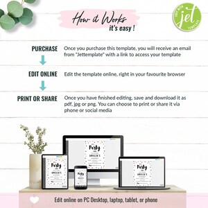 May include: A graphic showing how to use a digital template. The steps are purchase, edit online, and print or share. The image shows a computer, tablet, and phone displaying the template, which is a colorful birthday invitation for a girl named Amelia.