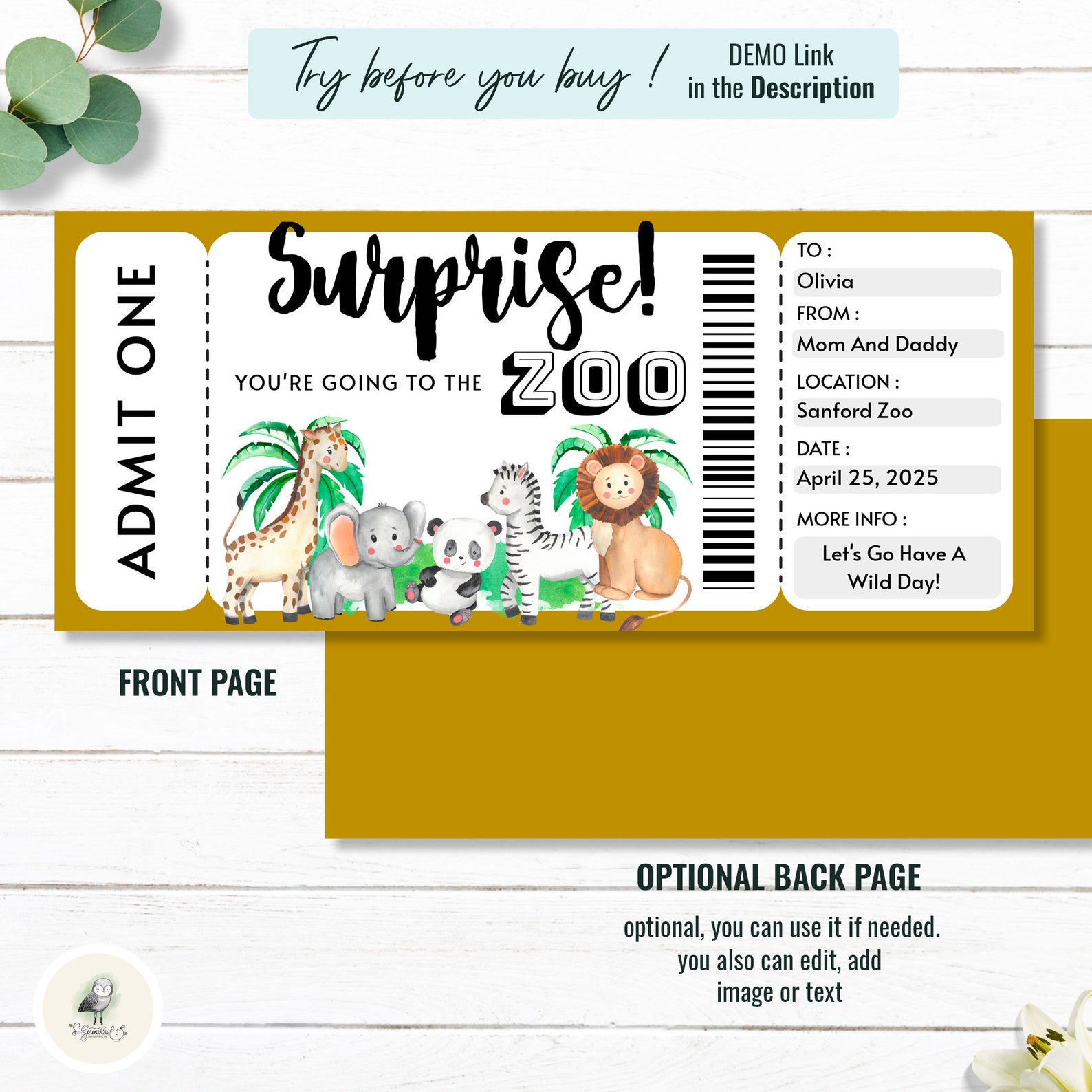 Surprise Zoo Ticket, Printable Zoo Ticket, Zoo Coupon, Gift Ticket, Zoo Voucher, Editable Zoo