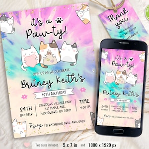 Cat Birthday Invitation, Printable Kitten Invite, Digital invitation, Pet invitations, Editable Kids Template card, Instant Download