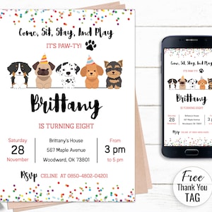 Invitation d'anniversaire de chien confettis - modèle d'invitation d'anniversaire de chiot - carte de fête de Let's Paw - invitations de texte modifiables - invitation de partie d'animal de compagnie