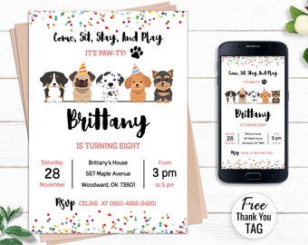 Invitación de cumpleaños con confeti para perros - Plantilla de invitación de cumpleaños para cachorros - Tarjeta de fiesta Let's Paw - Invitaciones de texto editables - Invitación a fiesta de mascotas