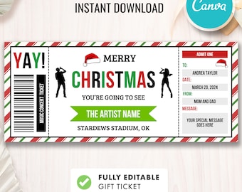 Può includere: Un biglietto regalo a tema natalizio con un bordo a righe rosse e verdi. Il biglietto recita "Buon Natale" e "Stai per vedere" con spazio per il nome dell'artista. Include un codice a barre e spazio per un messaggio personalizzato.