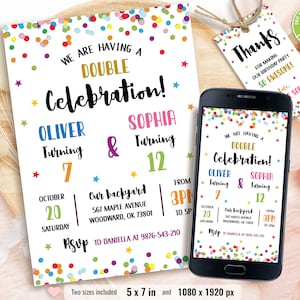 Bewerkbare dubbele verjaardagsuitnodiging, kleurrijke confetti verjaardag, verjaardagsuitnodigingen broer of zus, afdrukbare sjabloon, Instant Download