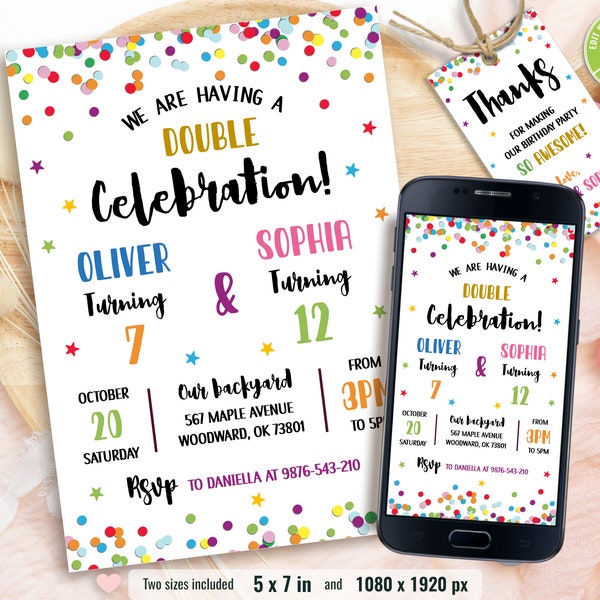 Editable Double Birthday Invitation, Colorful Confetti Birthday, Sibling Birthday Invitations, Printable Template, Instant Download