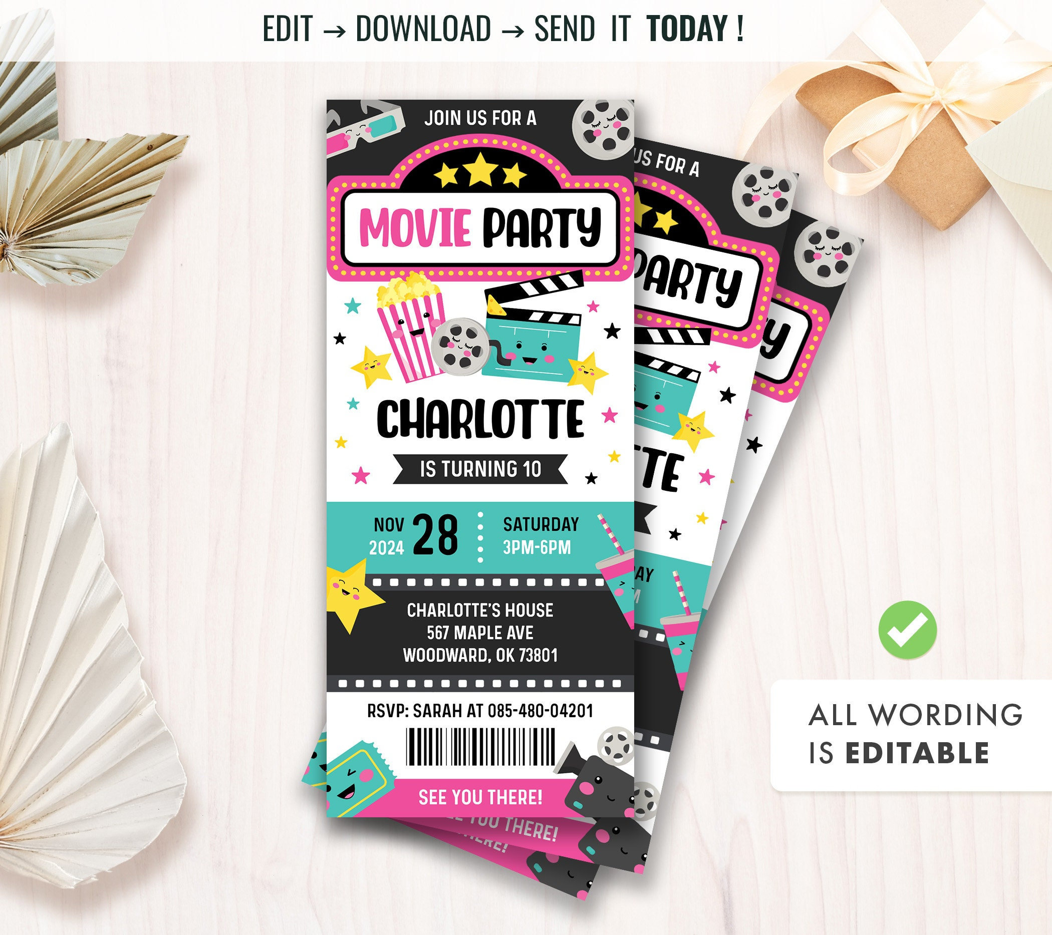 Ticket Movie Birthday Invitation Template, Movie Party Invite, Editable Invitations, Any Age ...