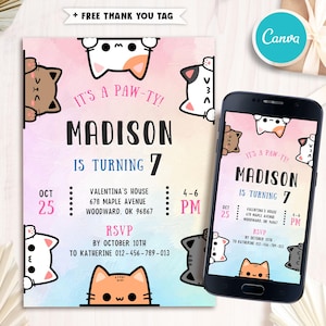 Convite de aniversário de gato editável, convite de gatinho para impressão, convite de aniversário de família, convites para animais de estimação, cartão de modelo infantil, download instantâneo
