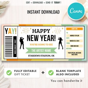 Neujahr Geschenk Coupon, Konzert Ticket Vorlage, Überraschung Geschenk Ticket, druckbares Musik Ticket, bearbeitbarer Geschenk Gutschein, sofortiger Download