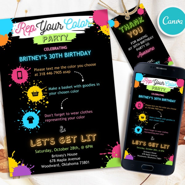 Editable birthday Invitation, Rep Your Color Invitations, Color Theme Party invite, Printable invite, Any age Template, Instant Download