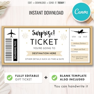 Überraschungsreiseticket, Boarding-Coupon-Pass, bearbeitbares Geschenkticket, Vorlage für Veranstaltungstickets, gefälschte Flugreise, druckbar, sofortiger Download
