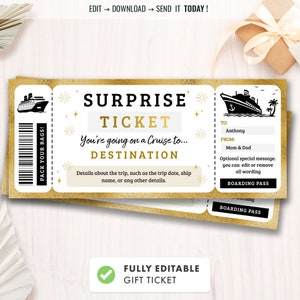 Bilhete de viagem de cruzeiro editável, passe de cupom de embarque surpresa, modelo de ingresso de evento, cupom editável, presente para impressão, download instantâneo