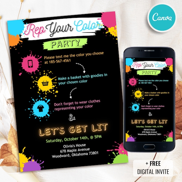 Editable Party Invitation, Rep Your Color, Color Theme Party Invite, Social Media Party Challenge, Any age Template, Instant Download