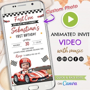 May include: A smartphone displays a custom animated birthday invitation. The invitation features a red race car with a child wearing a helmet. Text includes "Fast One," "Sebastian's First Birthday," and event details.