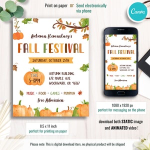 May include: A printable invitation for an Autumn Elementary Fall Festival. The invitation features a watercolour illustration of pumpkins and autumn leaves. The text on the invitation reads "Autumn Elementary's Fall Festival" and "Saturday, October 25th". The invitation also includes the time and location of the event. The invitation is available in two sizes: 8.5 x 11 inches for printing and 1080 x 1920 pixels for messaging on a phone.