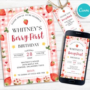 Première invitation d'anniversaire de baies modifiable, thème d'anniversaire de fraise, invitations numériques, invitation de message texte, animée, téléchargement immédiat