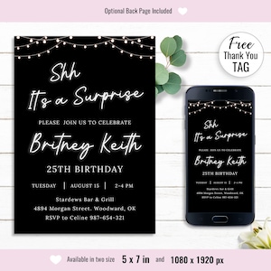 Surprise Birthday Invite, Minimalist Black Birthday, Let&#39;s Party, String light Invitations Party, Teen and adult modern birthday Invite