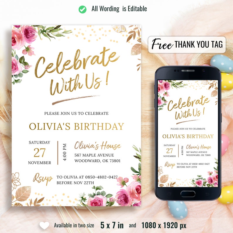 Invit Rose Editable Rose Birthday Invitation, Flower Watercolor Invite, Floral ...