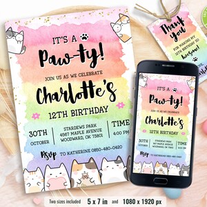 Cat Birthday Invitation, Printable Kitten Invite, Digital invitation, Pet invitations, Editable Kids Template card, Instant Download
