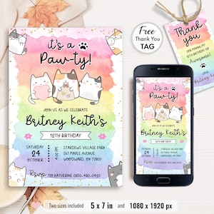 Cat Birthday Invitation, Printable Kitten Invite, Digital invitation, Pet invitations, Editable Kids Template card, Instant Download