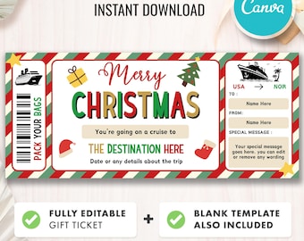 May include: A printable Christmas cruise ticket gift certificate with a red, white and green striped background. The text reads "Merry Christmas" and "You're going on a cruise to THE DESTINATION HERE. Date or any details about the trip."  The ticket also includes a space for a special message.