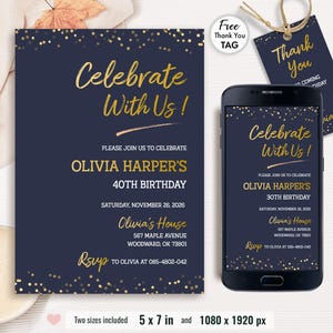 Une invitation à une fête simple, une invitation d'anniversaire minimaliste, une invitation pour adultes et adolescents, des invitations en or noir, un modèle numérique modifiable