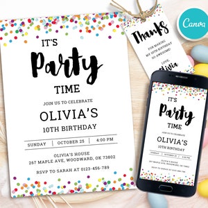 Editable Confetti Birthday Invitation, Colorful invite, Simple Birthday Invitations, Printable Template, Any Age Birthday, Instant Download