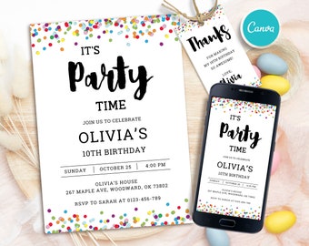 May include: A colorful confetti-themed birthday party invitation for Olivia's 10th birthday. The invitation includes the date, time, and location of the party. It also includes the text "It's Party Time" and "Join us to celebrate Olivia's 10th Birthday".