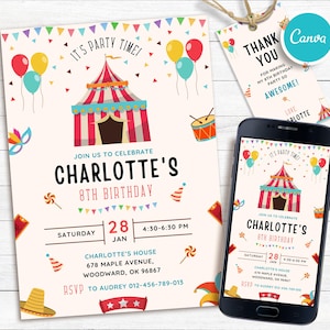 Bewerkbare festivalverjaardagsuitnodiging, afdrukbare festivaluitnodiging, circusverjaardagsuitnodiging, sjabloon voor feestuitnodigingen, direct downloaden