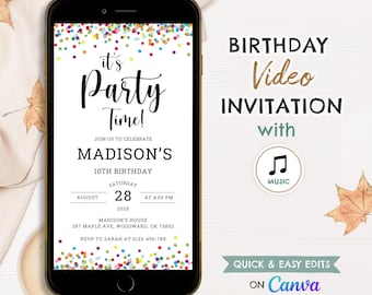 Editable Confetti Birthday Invitation, Animated Video with music, Simple Invite Template, Any Age Party invitations, Digital Invitations