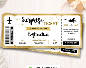 Boleto de viaje sorpresa editable, pase de embarque sorpresa, plantilla de boleto para evento, viaje en avión ficticio, regalo imprimible, descarga instantánea
