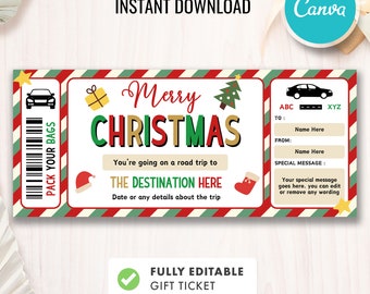 May include: A printable Christmas gift ticket with a red, green, and white striped background. The ticket says "Merry Christmas" and "You're going on a road trip to..." with a space to fill in the destination. It also has a space to write "To:" and "From:" and a special message.