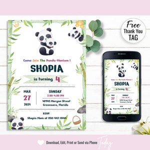 Modelo de convite de aniversário Panda, cartão de convite de aniversário, modelo de festa infantil para impressão, EDITÁVEL, DOWNLOAD INSTANTÂNEO