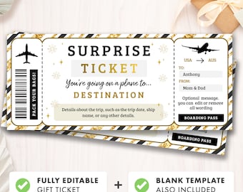 May include: Editable printable surprise ticket with a gold and black airplane theme. The ticket says "Surprise Ticket You're going on a plane to... Destination".  The ticket is fully editable and includes a blank template.