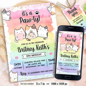 Cat Birthday Invitation, Printable Kitten Invite, Digital invitation, Pet invitations, Editable Kids Template card, Instant Download