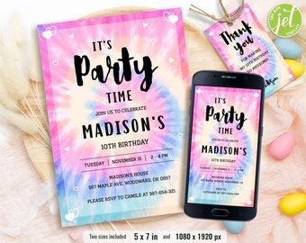 Tie Dye Birthday Invitation Template, Birthday Invite, Rainbow Birthday, Party Invitations, Phone Invitation, Editable, Instant Download