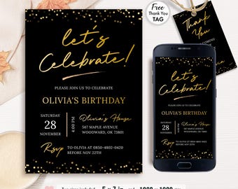Simple Party Invitation, Black Minimalist Birthday Invite, Adult and Teen Invitation, Gold Invitations, Dinner Digital, Editable