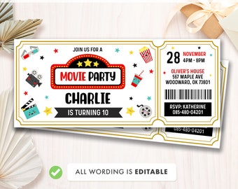 Ticket Movie Birthday Invitation Template, Movie Party invite, Editable Invitations, Any Age Birthday, printable invite, Instant Download