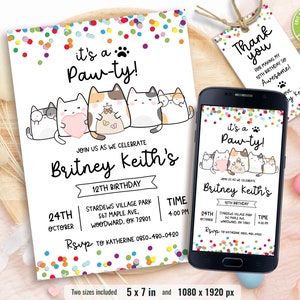 Cat Birthday Invitation, Printable Kitten Invite, Digital invitation, Pet invitations, Editable Kids Template card, Instant Download