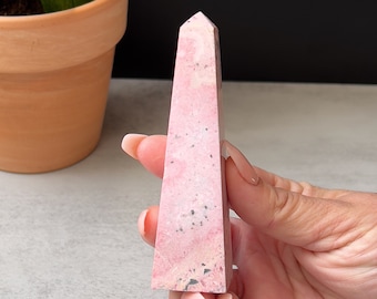 Peruvian Rhodonite Obelisk: Baby Pink Crystal Tower (4x1x1 inch)