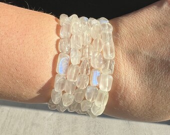 White Moonstone Bracelet: Freeform Beads with Blue Flash