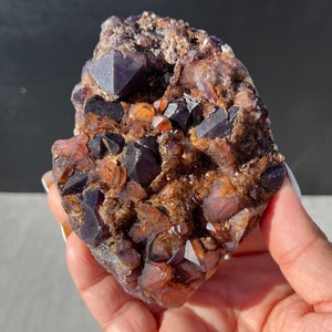 May include: A cluster of amethyst and citrine crystals. The amethyst crystals are a deep purple color, while the citrine crystals are a light orange color. The crystals are clustered together in a natural formation.