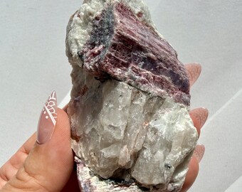 Pink Tourmaline, Lepidolite, and Quartz Specimen with Blue Tourmaline Inclusion Raw Specimen  | Unique Mineral Specimen | Collectors Crystal