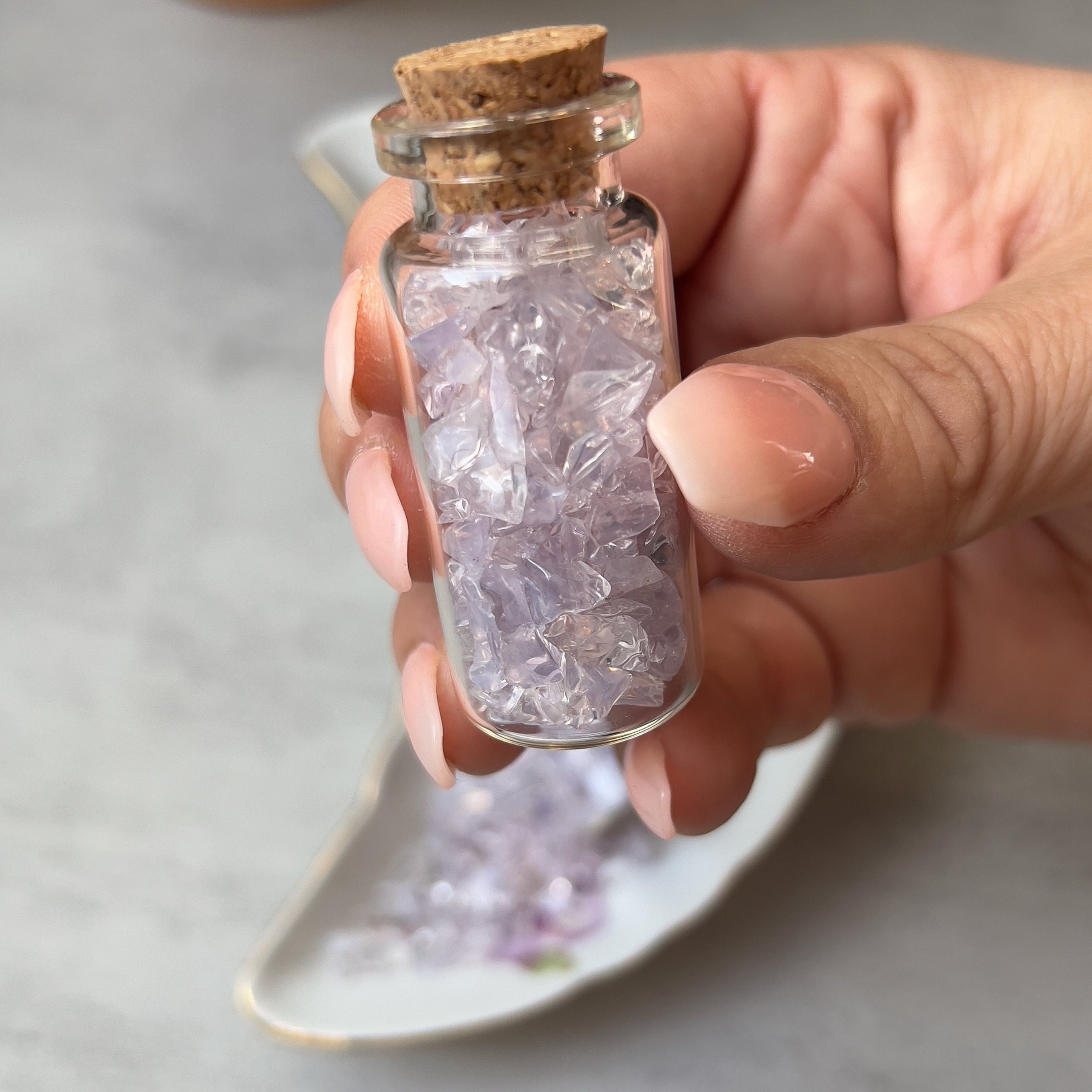 Lavender Moon Quartz Crystal Chips in Wish Bottle: Rare Brazilian