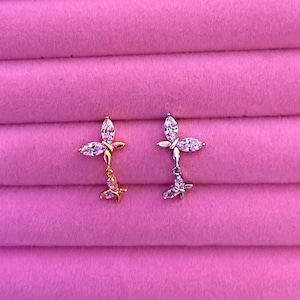 DOPPIA FARFALLA Pendenti perno al naso / forma L / Cerchio per naso d&#39;oro / Perno per naso penzolante / Piercing al naso / Gioielli per il naso / Perno per naso in acciaio inossidabile