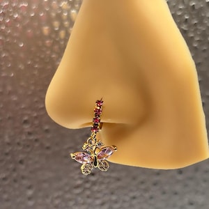 PINK/WHITE BUTTERFLY Nose Ring| Nose Piercing | Nose Jewelry | Nose Stud |  Nose Ring | Dangle Nose Stud|  Dangle Nose Ring