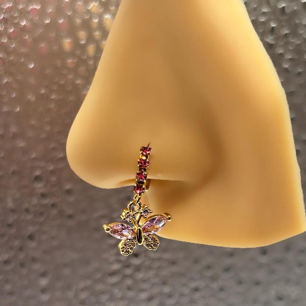PINK/WHITE BUTTERFLY Nose Ring| Nose Piercing | Nose Jewelry | Nose Stud |  Nose Ring | Dangle Nose Stud|  Dangle Nose Ring