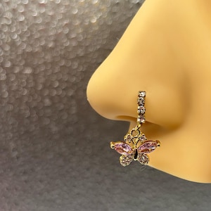 White & Pink BUTTERFLY Nose Ring | White Pink Gem Nose Ring with butterfly| Nose Hoop | Dangle Nose Ring | Nose Piercing | Nose Jewelry