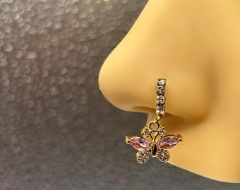 White & Pink BUTTERFLY Nose Ring | White Pink Gem Nose Ring with butterfly| Nose Hoop | Dangle Nose Ring | Nose Piercing | Nose Jewelry