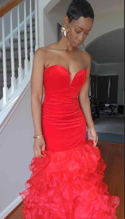 open lace back dress 2025 Long Red Prom Dresses Sequin Mermaid Strapless Formal Dress   MyChicDress